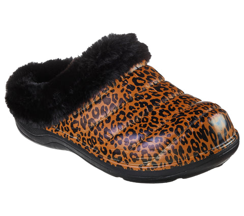 Skechers women Foamies Cozy Camper Leopard Puffer Clog w/Faux Fur 111357 BKMT